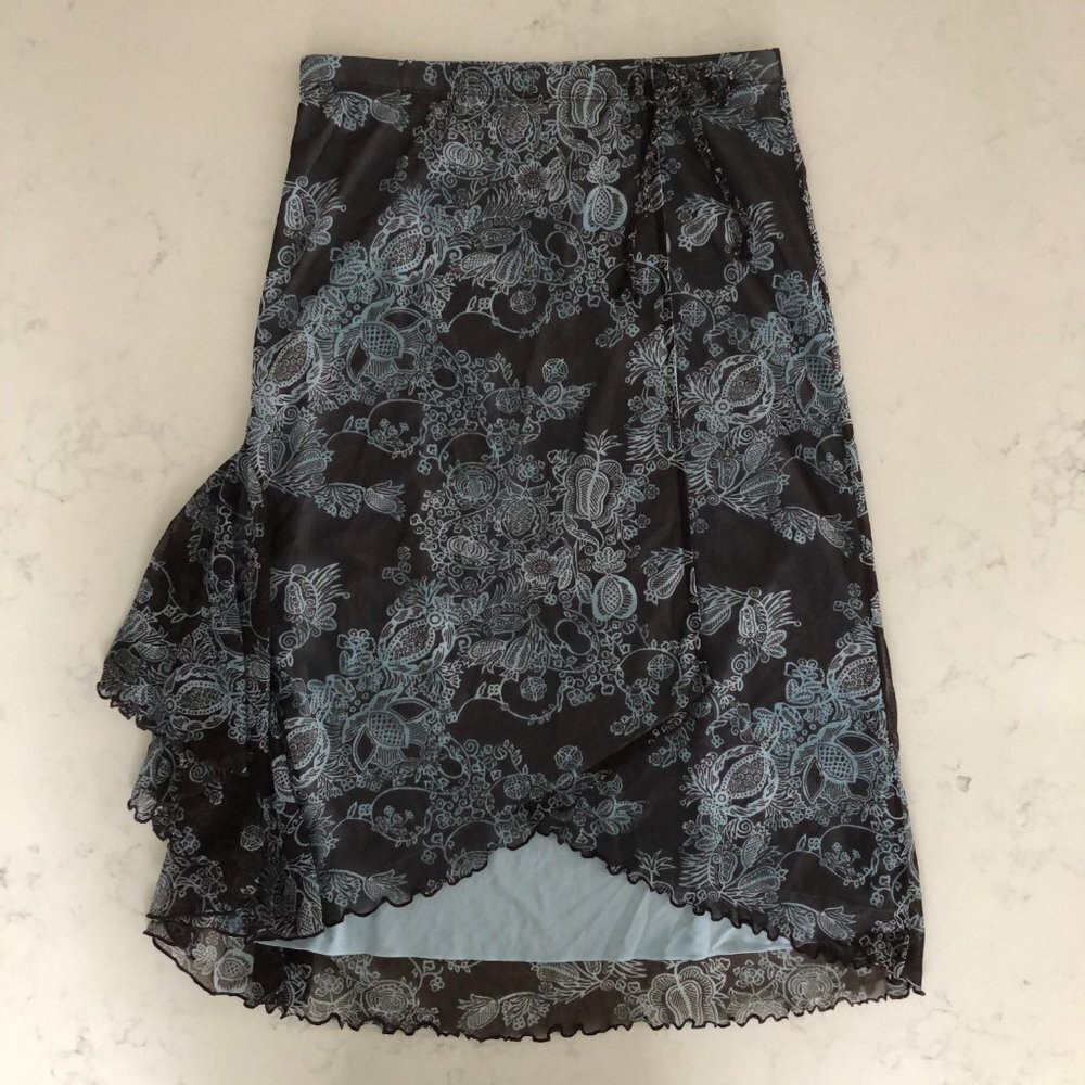 Mexx Sweet Pull On Lined Faux Wrap Floral Skirt Chocolate Brown + Blue Sz S NWT - Picture 2 of 15